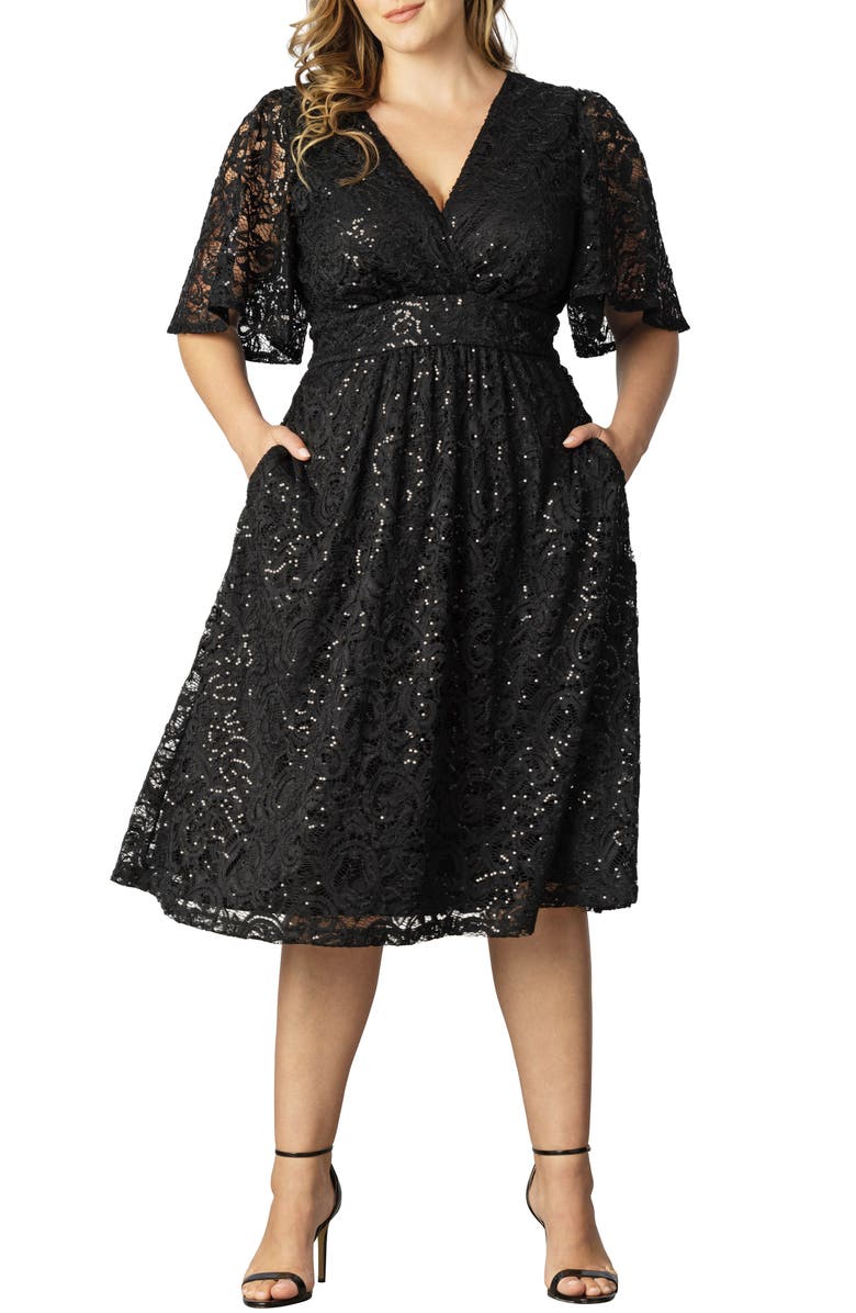 Kiyonna Starry Sequin Lace Fit & Flare Cocktail Dress, Main, color, Onyx