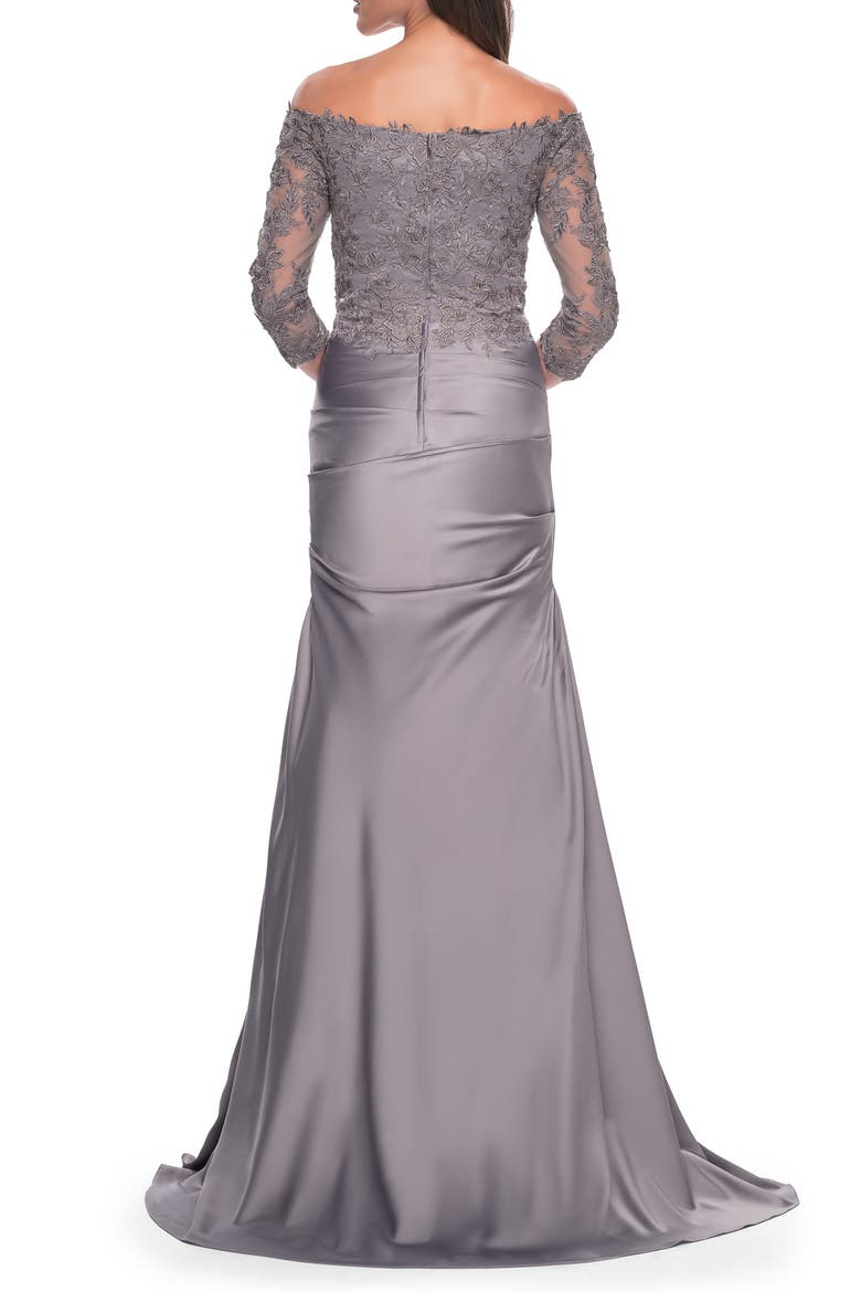 Mermaid Satin Dress with Gathering and Off the Shoulder Top, Alternate, color, Silver