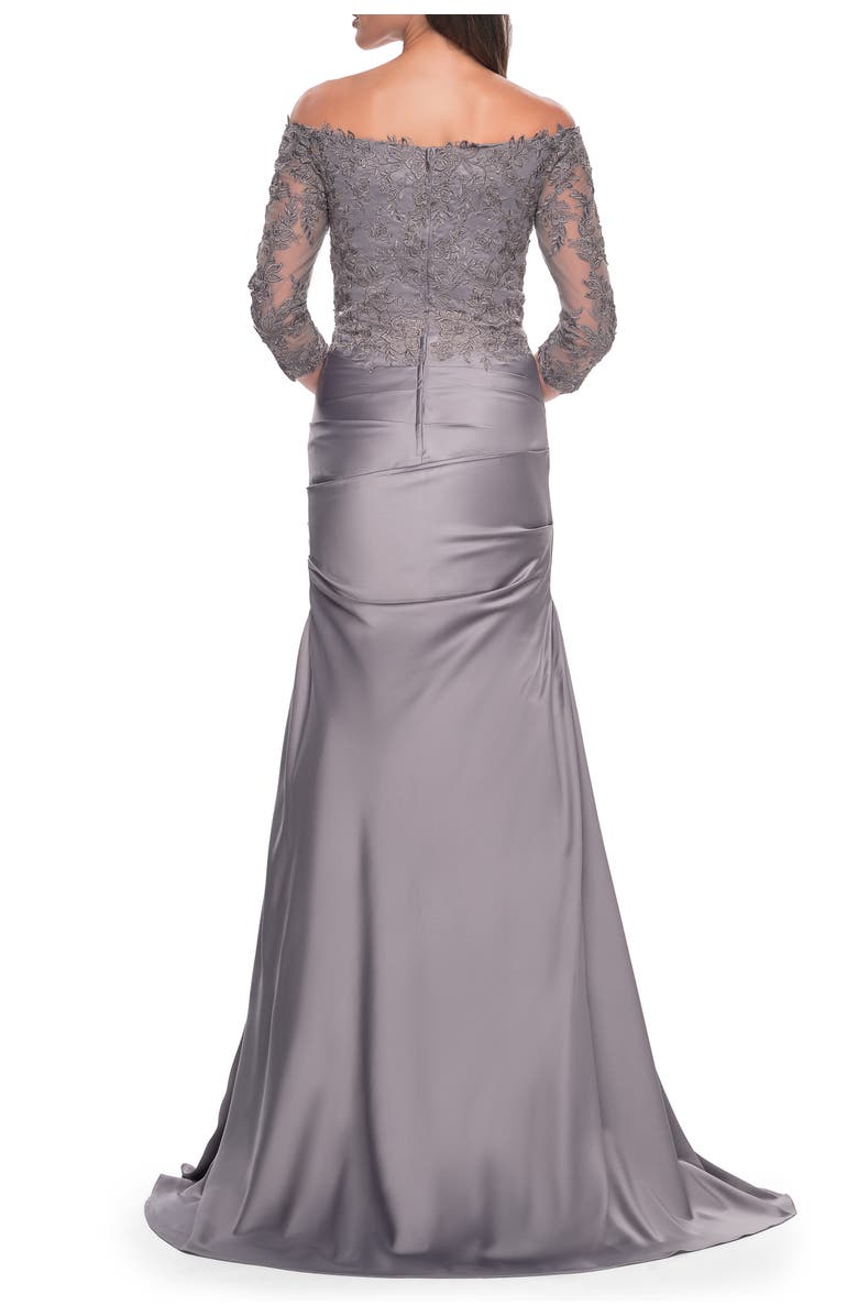 La Femme Mermaid Satin Dress with Gathering and Off the Shoulder Top, Alternate, color, Silver
