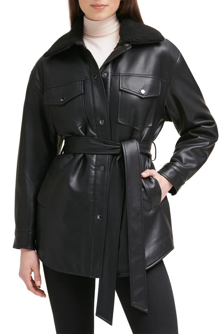 Belted Faux Leather Shirt Jacket with Faux Shearling Lining, Alternate, color, BLACK