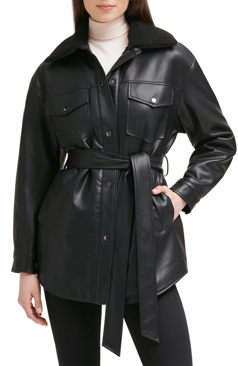 Kenneth Cole New York Belted Faux Leather Shirt Jacket with Faux Shearling Lining, Alternate, color, Black