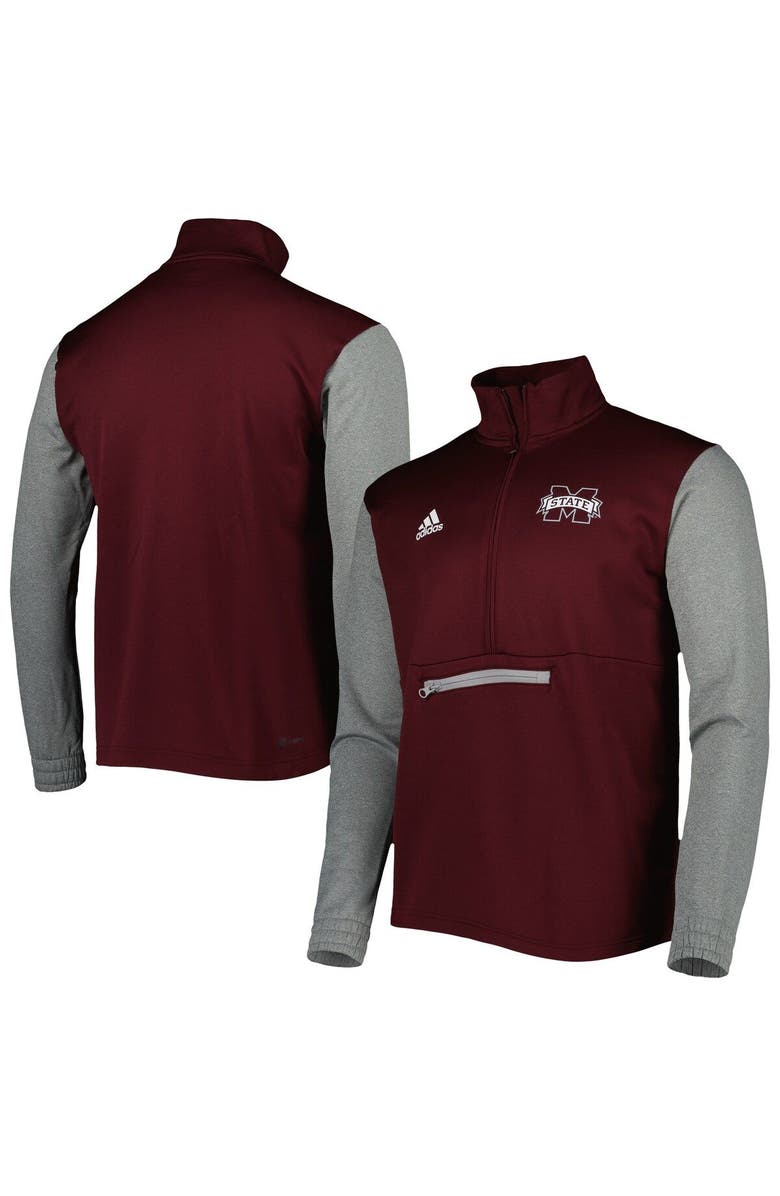 adidas Men's adidas Maroon/Heathered Gray Mississippi State Bulldogs Team AEROREADY Half-Zip Top, Main, color, 