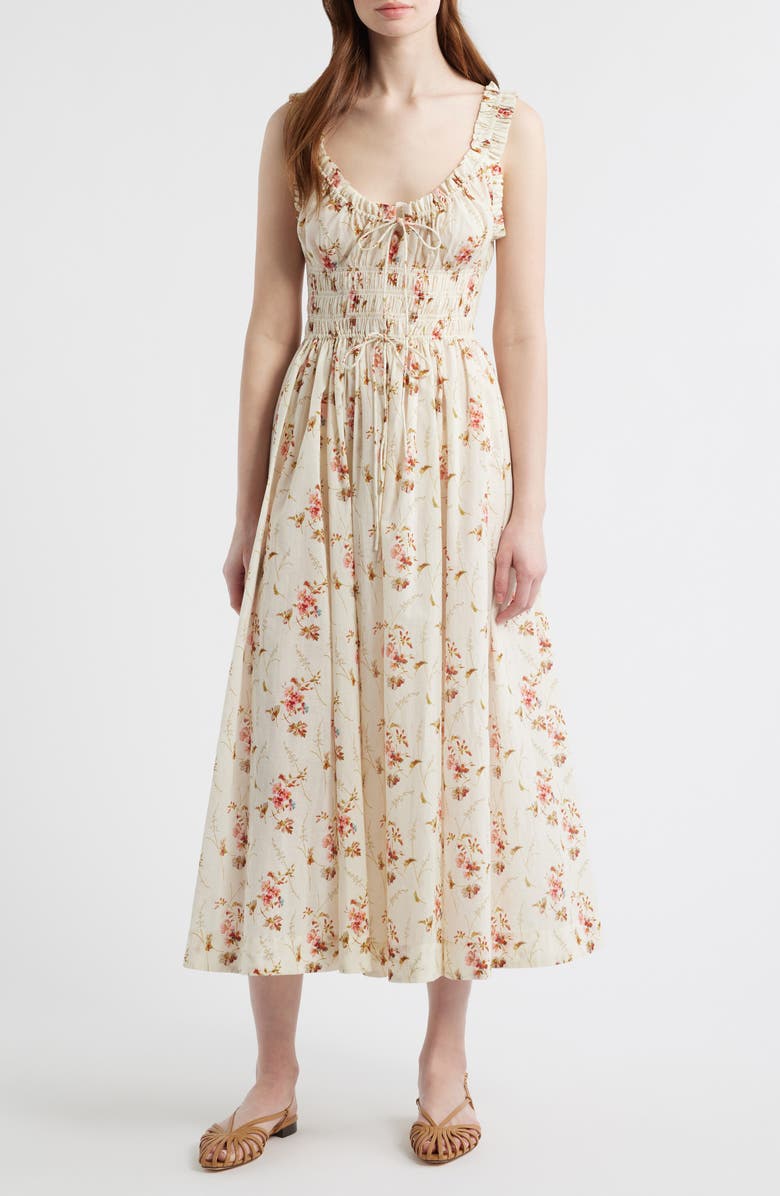 DÔEN Emmaretta Floral Shirred Organic Cotton Voile Dress, Main, color, Blanc Prarie Rose