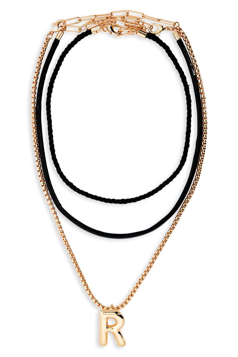Set of 3 Interchangeable Initial Pendant Necklaces, Main, color, R- BLACK- GOLD