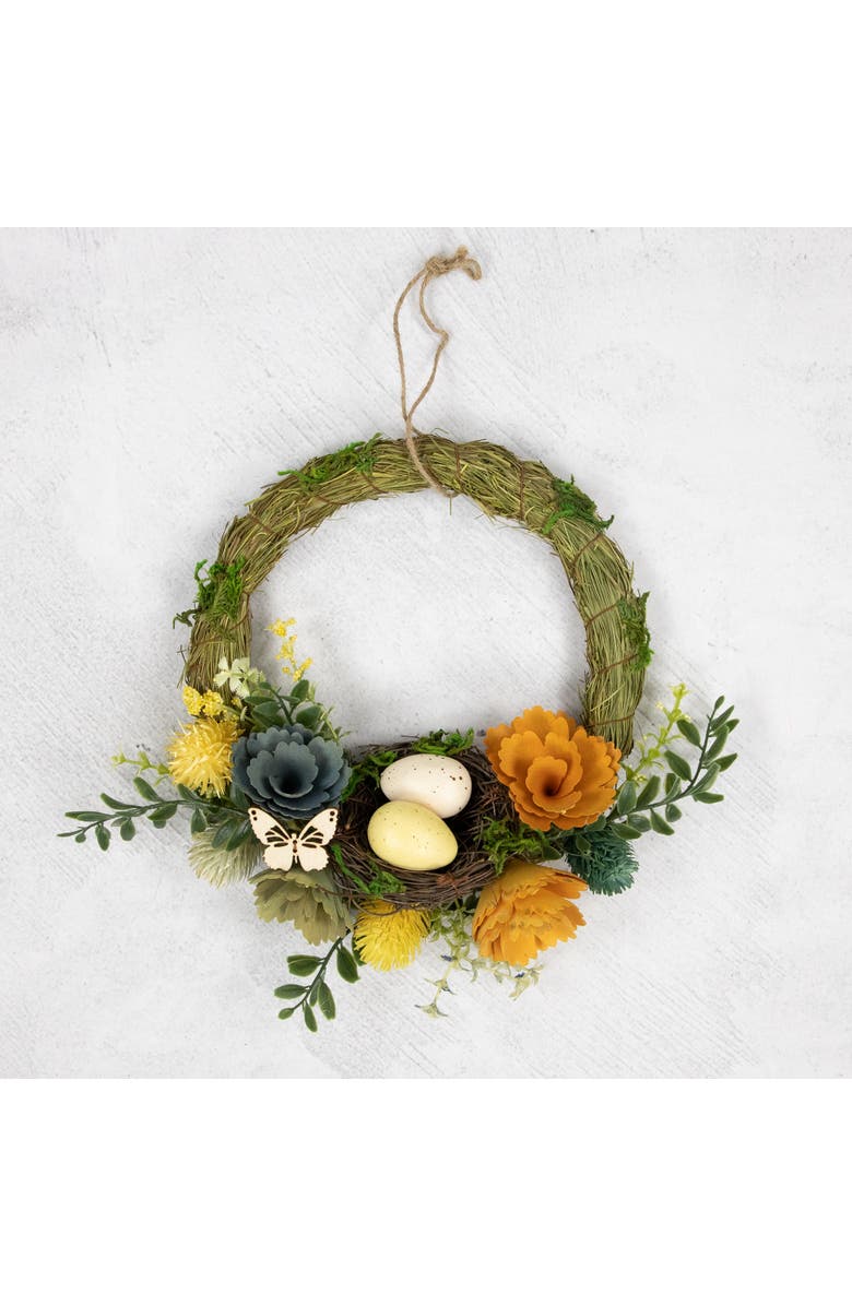 Northlight 12" Easter Egg and Bird Nest Wreath with Wooden Flowers, Alternate, color, Green