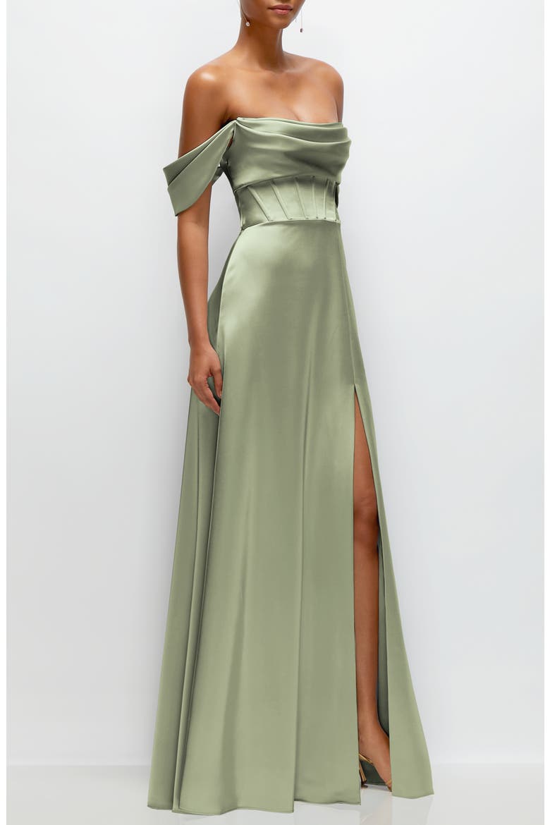 Off the Shoulder Satin Charmeuse Gown with Removable Sleeves, Alternate, color, SAGE