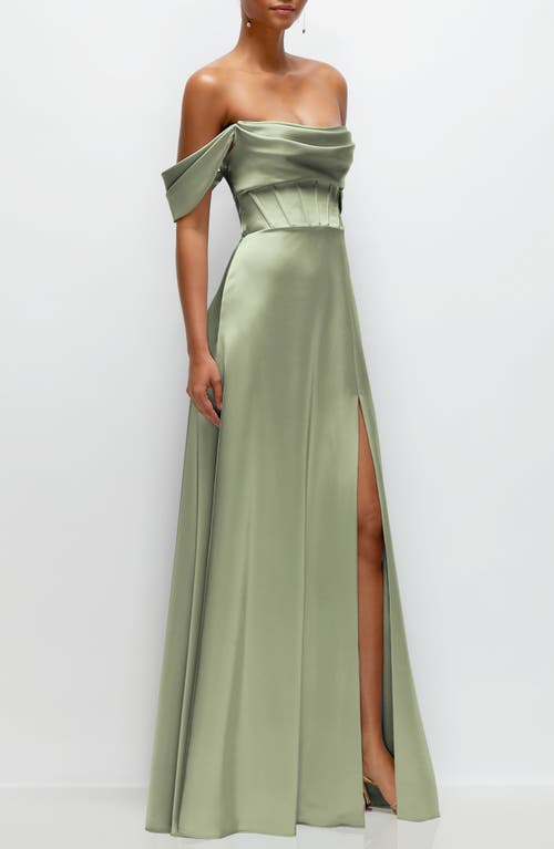 Shop After Six Off The Shoulder Satin Charmeuse Gown With Removable Sleeves In Sage