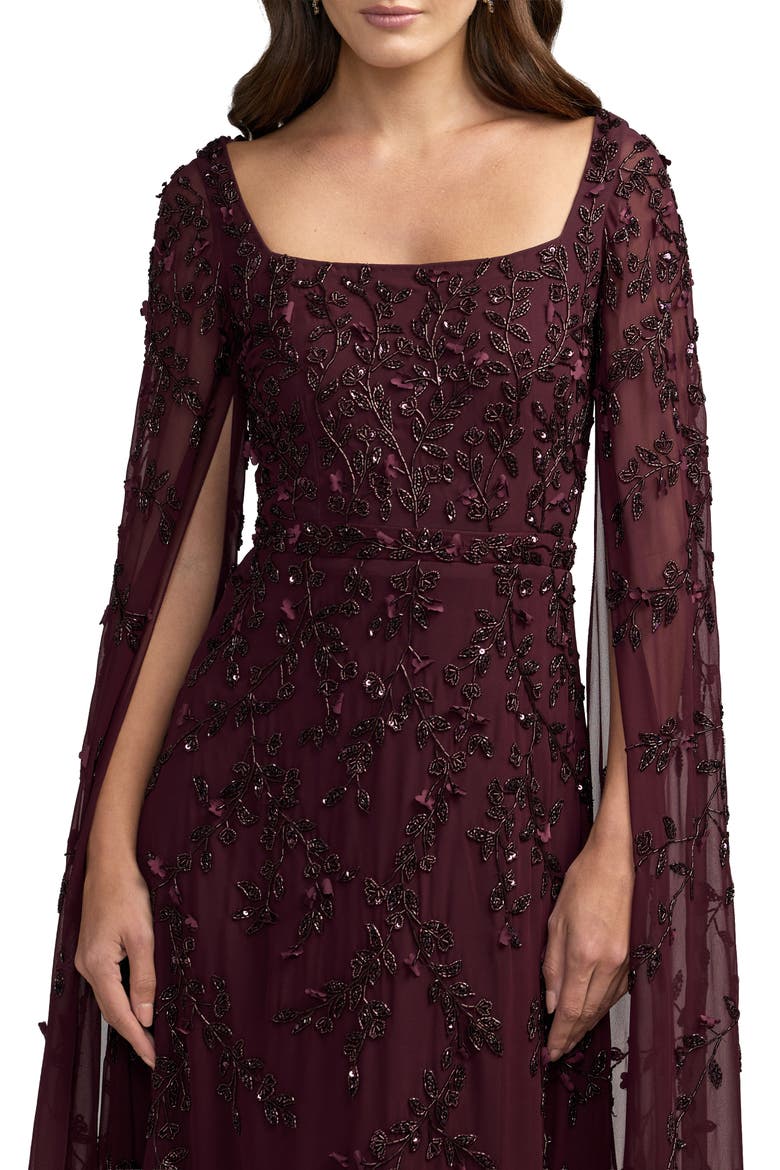 Petite Embellished Cape Sleeve A-Line Mesh Maxi Gown, Alternate, color, Aubergine