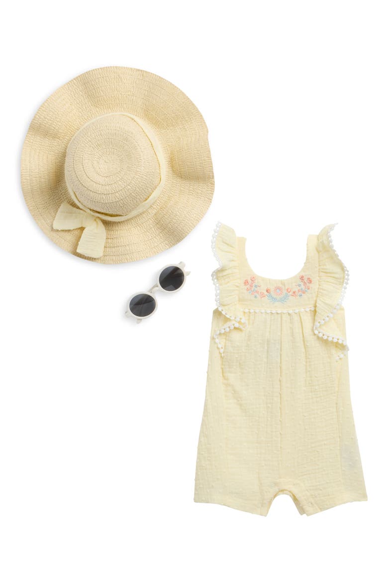 Cotton Dobby Gauze Romper, Sunglasses & Hat Set, Main, color, YELLOW