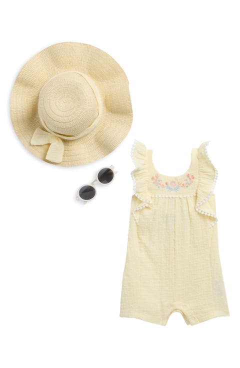 Cotton Dobby Gauze Romper, Sunglasses & Hat Set (Baby)