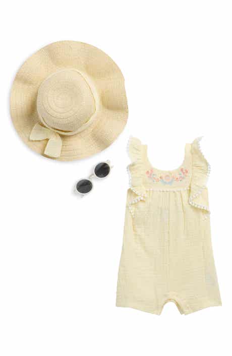 Rachel Zoe Cotton Dobby Gauze Romper, Sunglasses & Hat Set
