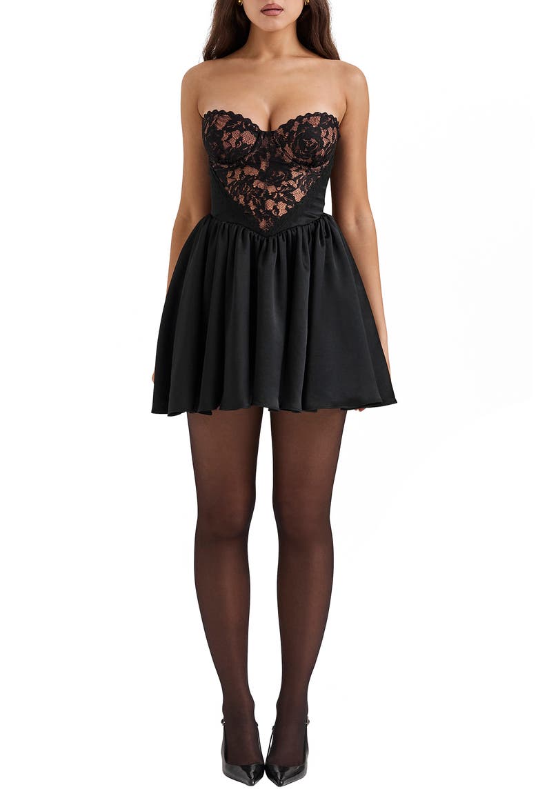 J'Adore Strapless Mixed Media Cocktail Minidress, Main, color, BLACK