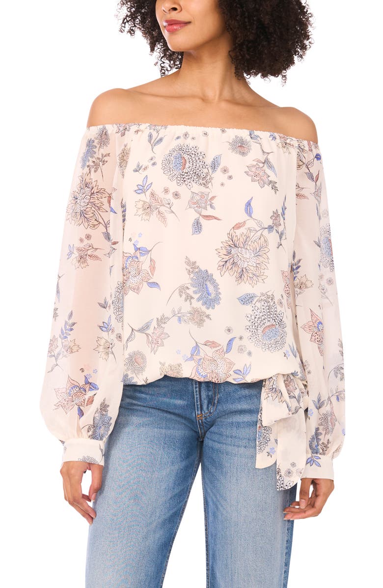 Vince Camuto Floral Off the Shoulder Tie Hem Top, Main, color, Vanilla Ice