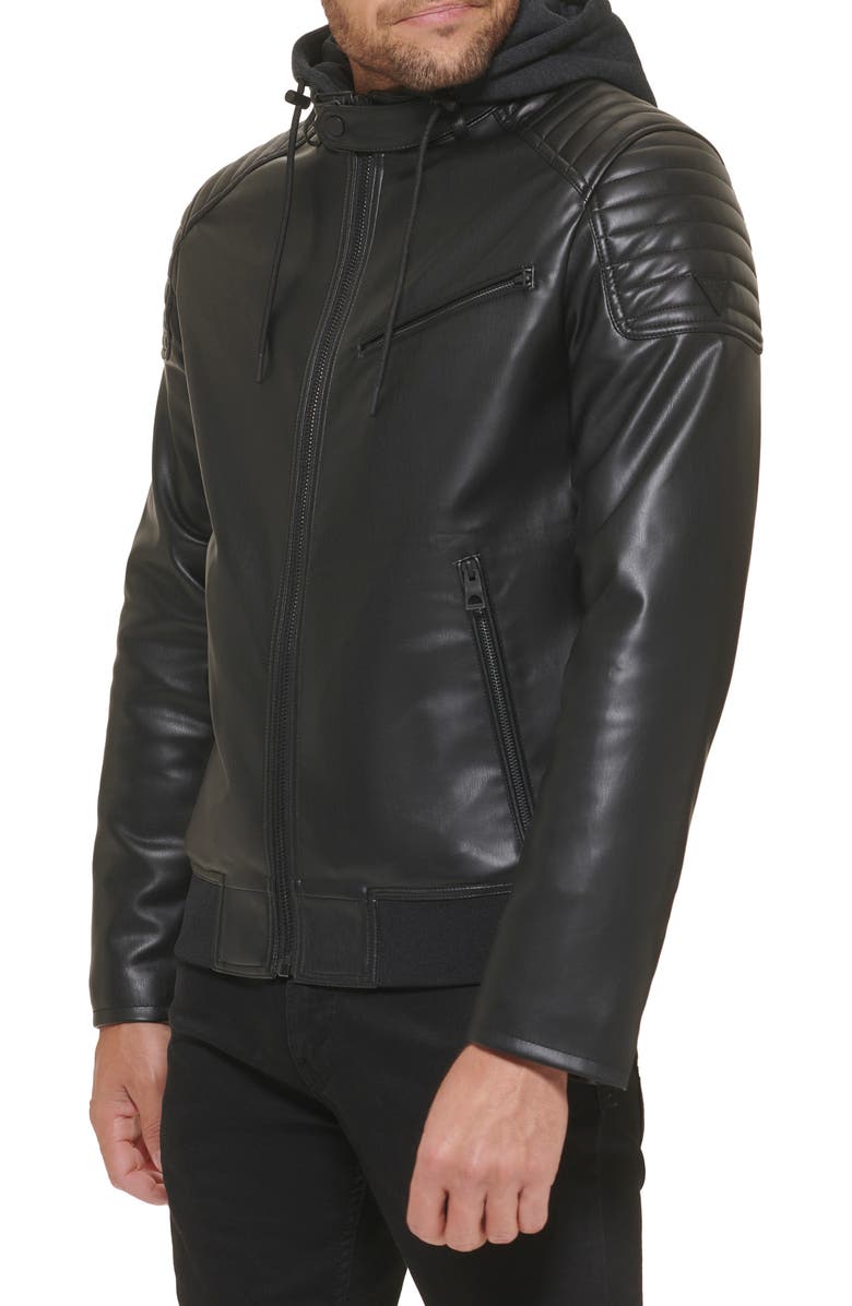GUESS Removable Hood Faux Leather Jacket, Alternate, color, 