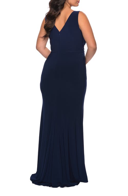 La Femme Jersey Plus Size Dress With V-neckline And Slit In Navy