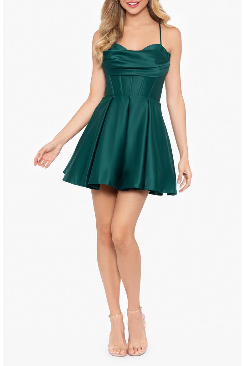 Corset Bodice Satin Cocktail Minidress, Main, color, HUNTER