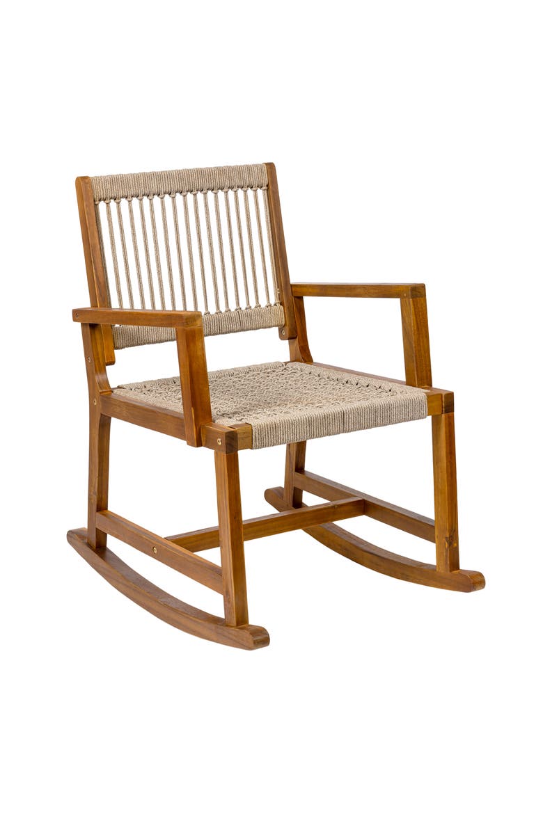 Laguna Coastal Solid Acacia Wood and Woven Rope Indoor/Outdoor Rocking Armchair for Patio, Front Porch, or Living Room, Main, color, Beige
