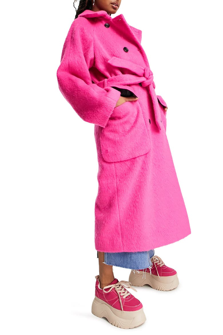 Double Breasted Tie Waist Trench Coat, Alternate, color, BRIGHT PINK