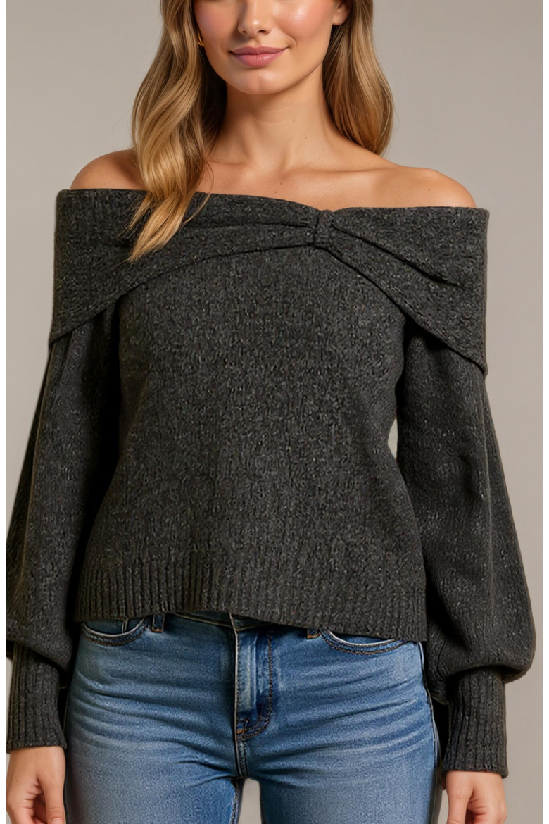 Off-Shoulder Sweater with Twisted Neckline and Balloon Sleeves, Main, color, Black
