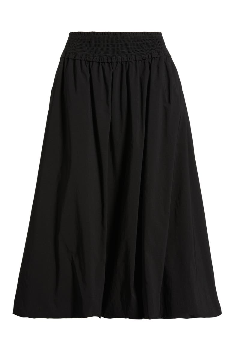 Smocked Waist Bubble Hem Midi Skirt, Alternate, color, BLACK