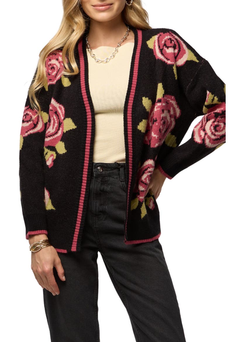 Rose Motif Cardigan, Main, color, BLACK