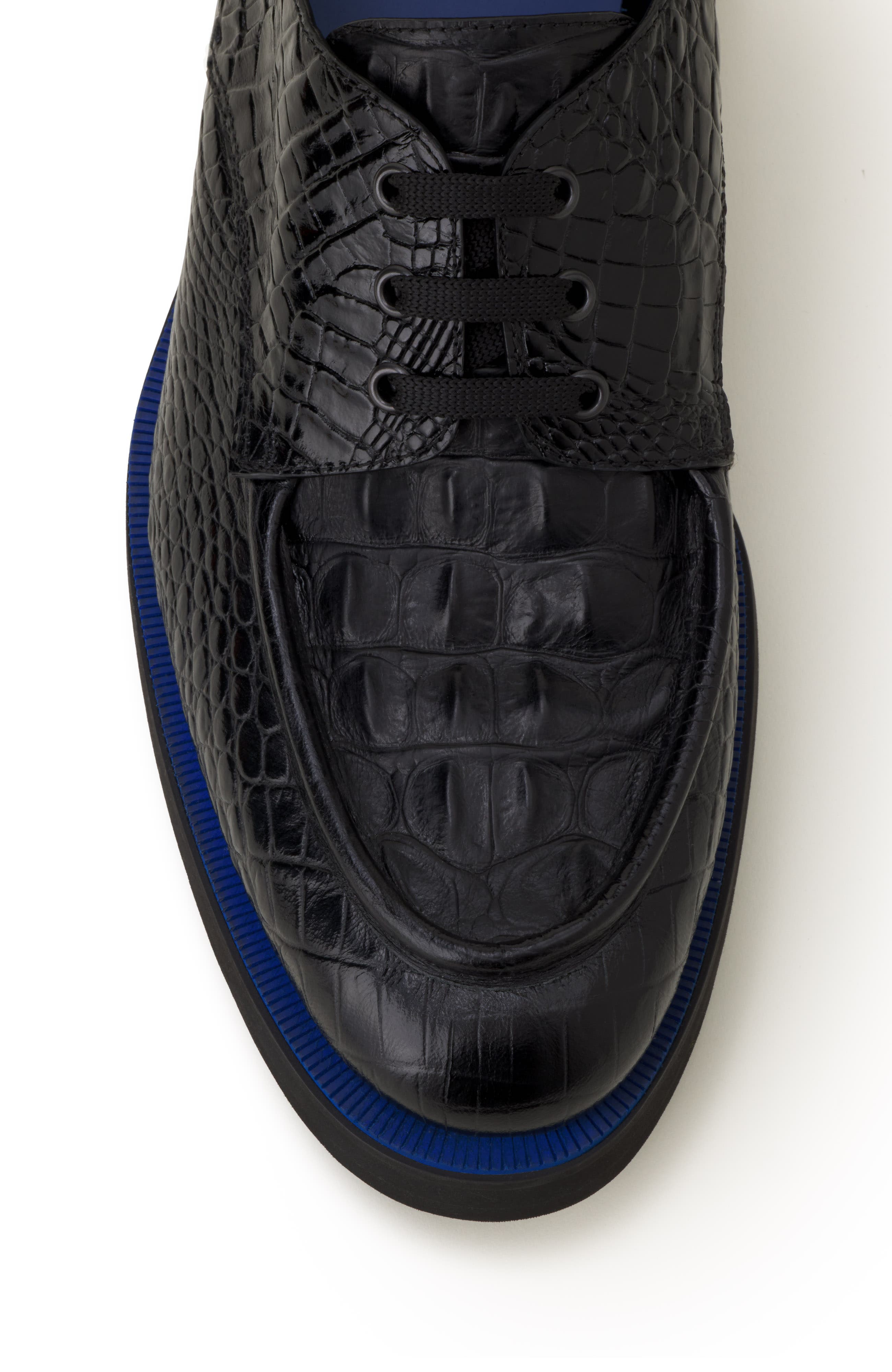 Derby Shoes In Crocodile-Embossed Leather, Alternate, color, Black/Blue