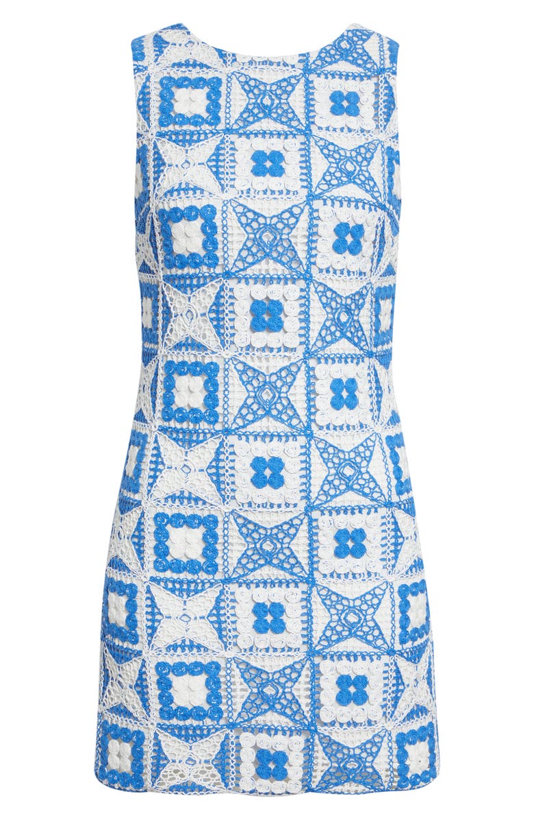 Alice + Olivia Clyde Embroidered Patchwork Sleeveless Shift Dress, Alternate, color, Blue Iris/ Off White
