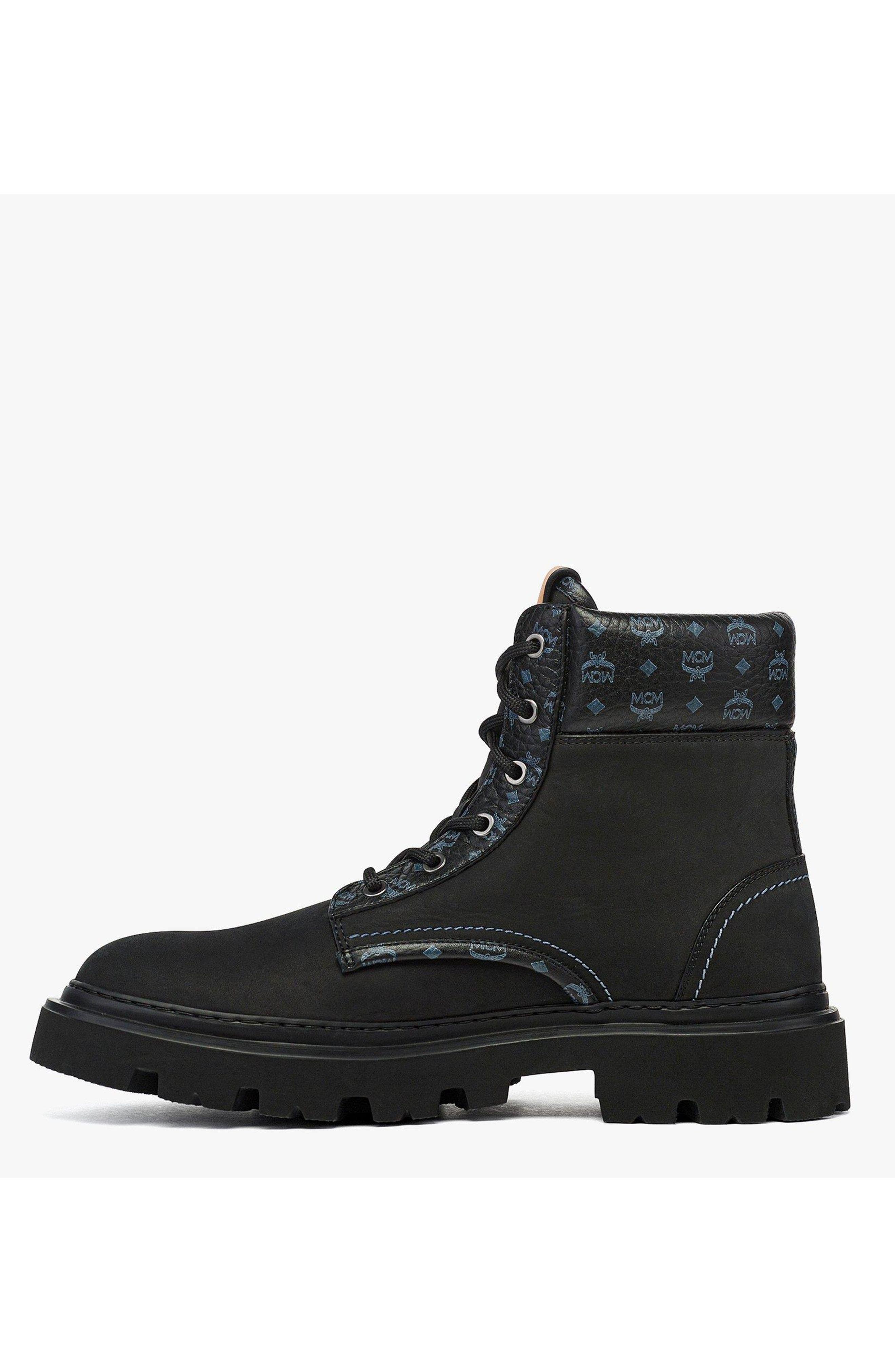 MCM Female Ankle Boots in Nubuck and Monogram Print Leather, Alternate, color, Black