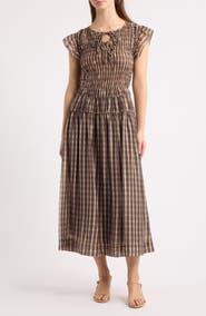 MOON RIVER Smocked Tie Front Midi Dress