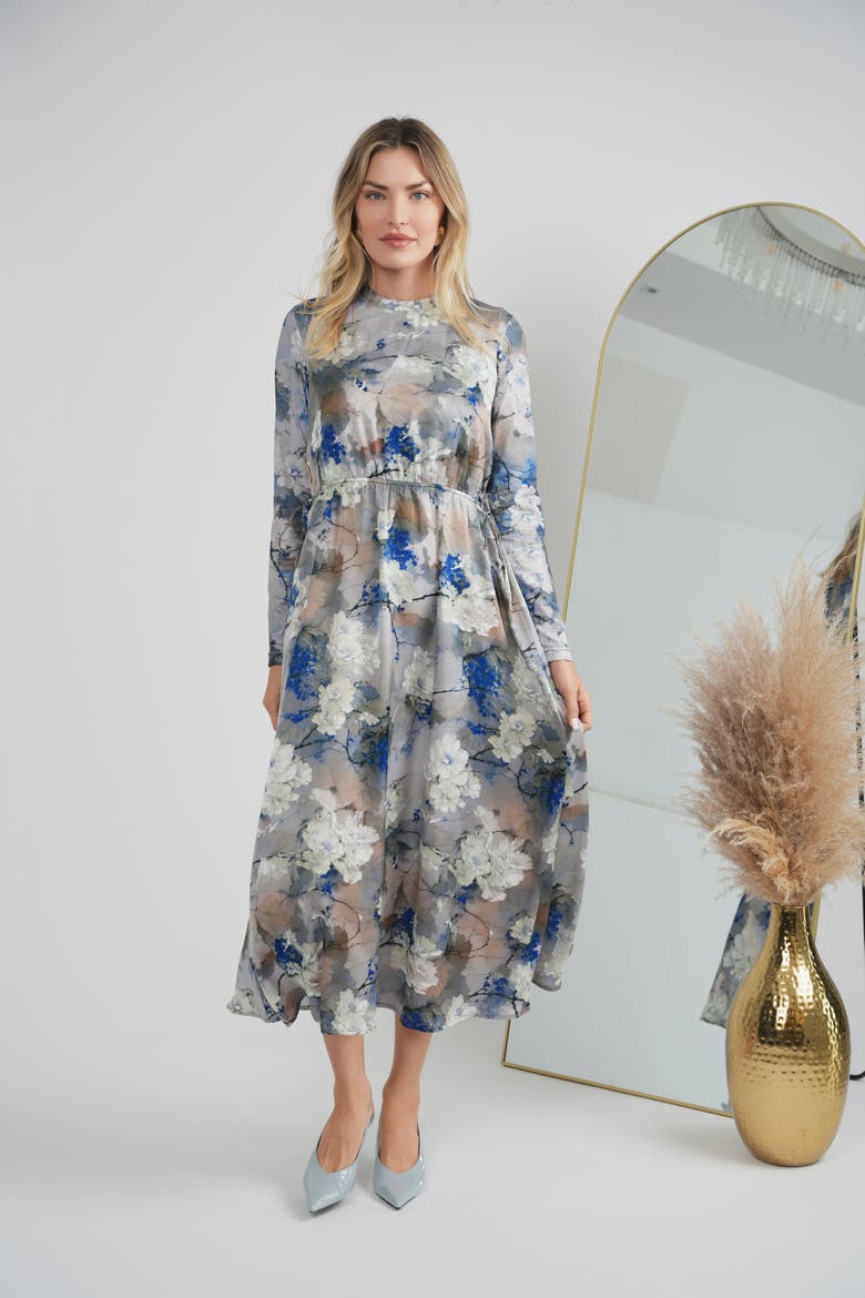 Floral Chiffon Elastic Waist Bungee Jumper, Alternate, color, Silver Print
