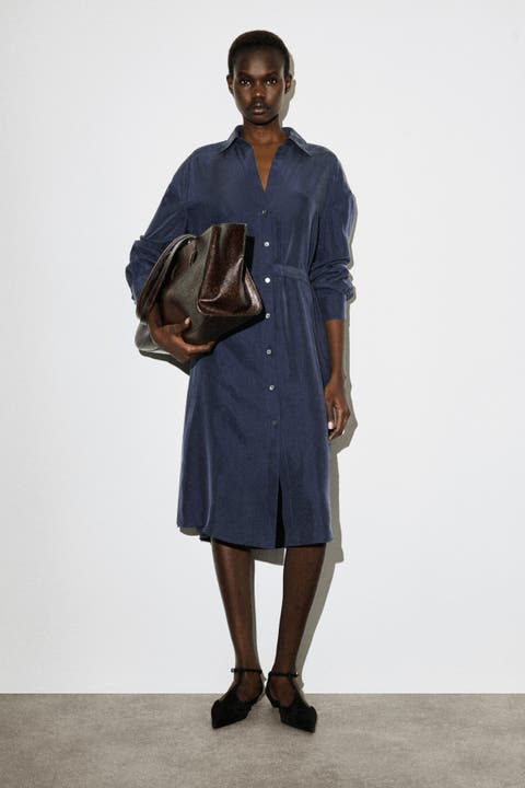 Gathered Washed-Silk Midi Shirt Dress