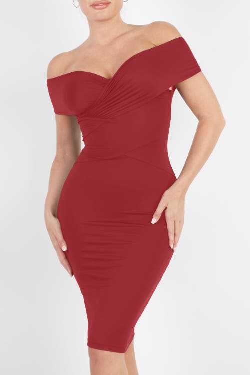 Popilush Shapewear Ruched Off-shoulder Sculpting Midi Dress In Maroon