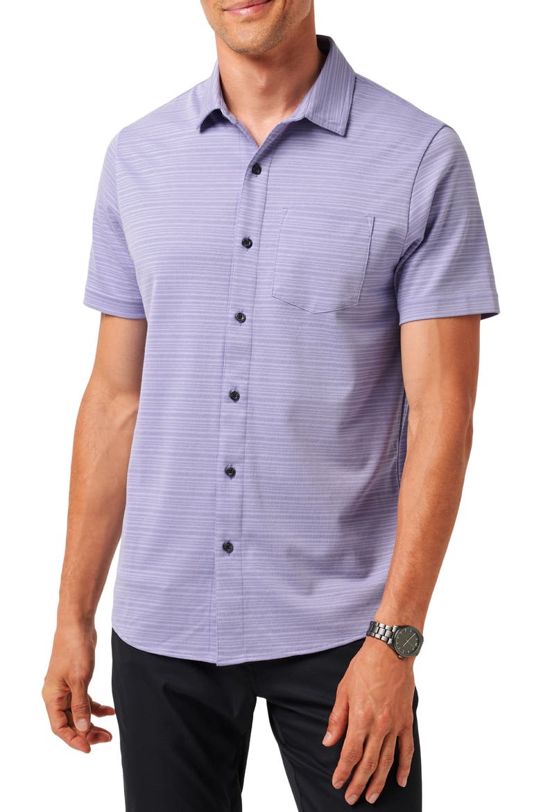 Tip to the City Short Sleeve Cotton Blend Button-Up Shirt, Main, color, HEATHER VIOLET STORM