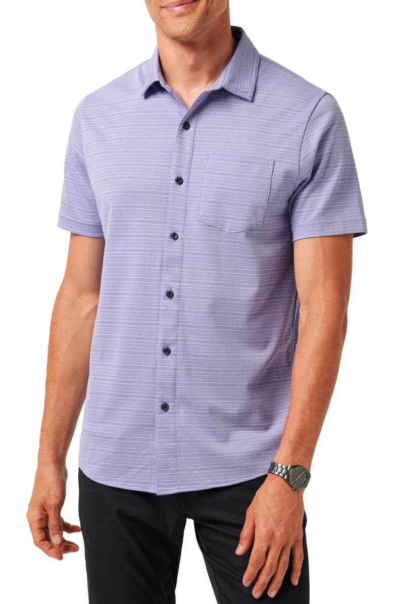 TravisMathew Tip to the City Short Sleeve Cotton Blend Button-Up Shirt, Main, color, Heather Violet Storm