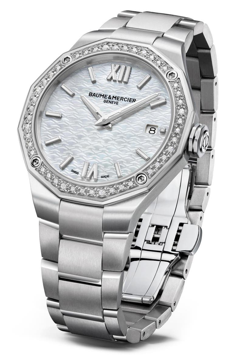 Riviera 10662 Automatic Bracelet Watch, 36mm, Alternate, color, SILVER/ WHITE MOTHER-OF-PEARL