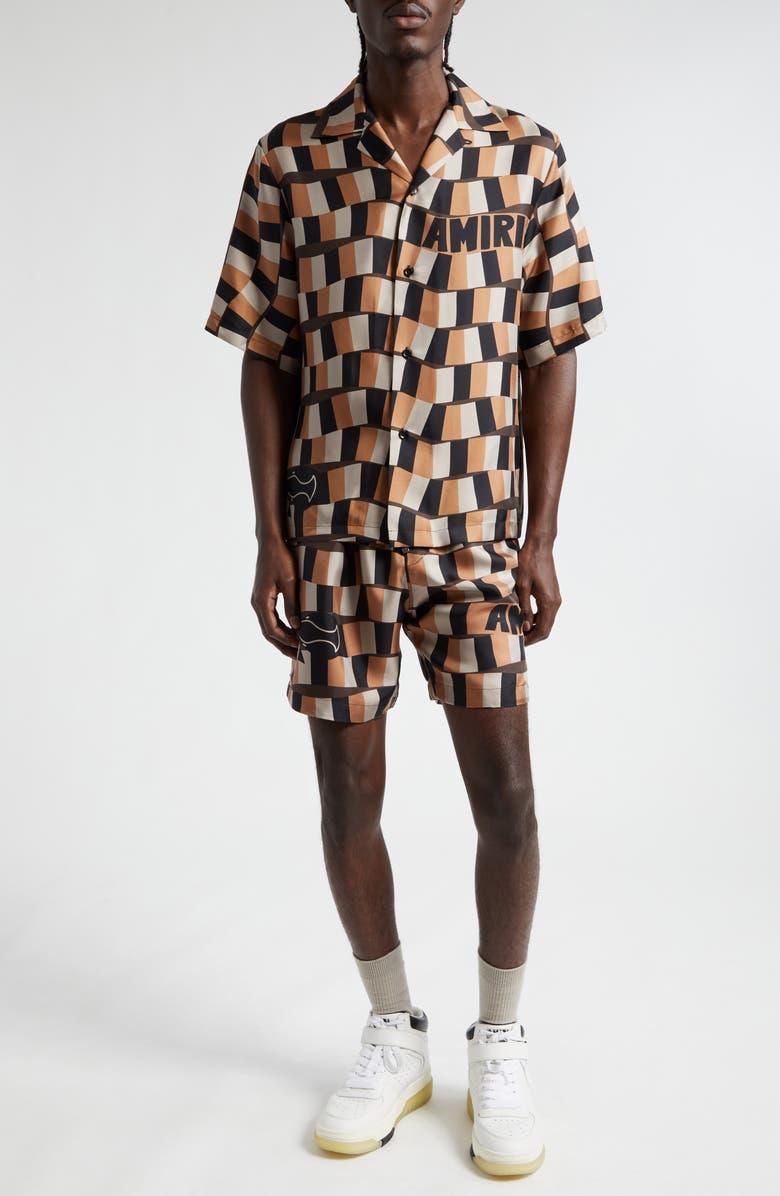 AMIRI Snake Checkerboard Silk Camp Shirt, Alternate, color, 