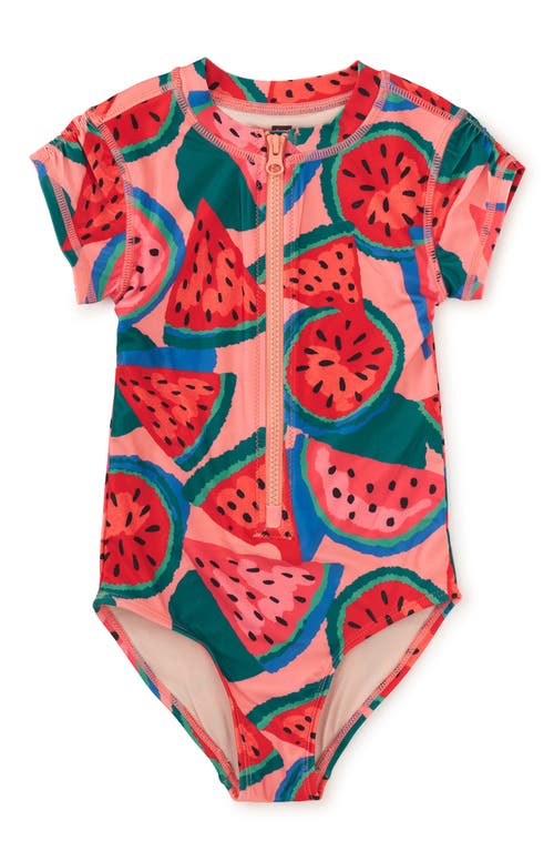 Shop Tea Collection Rash Guard One-piece Swimsuit In Wiggly Watermelons