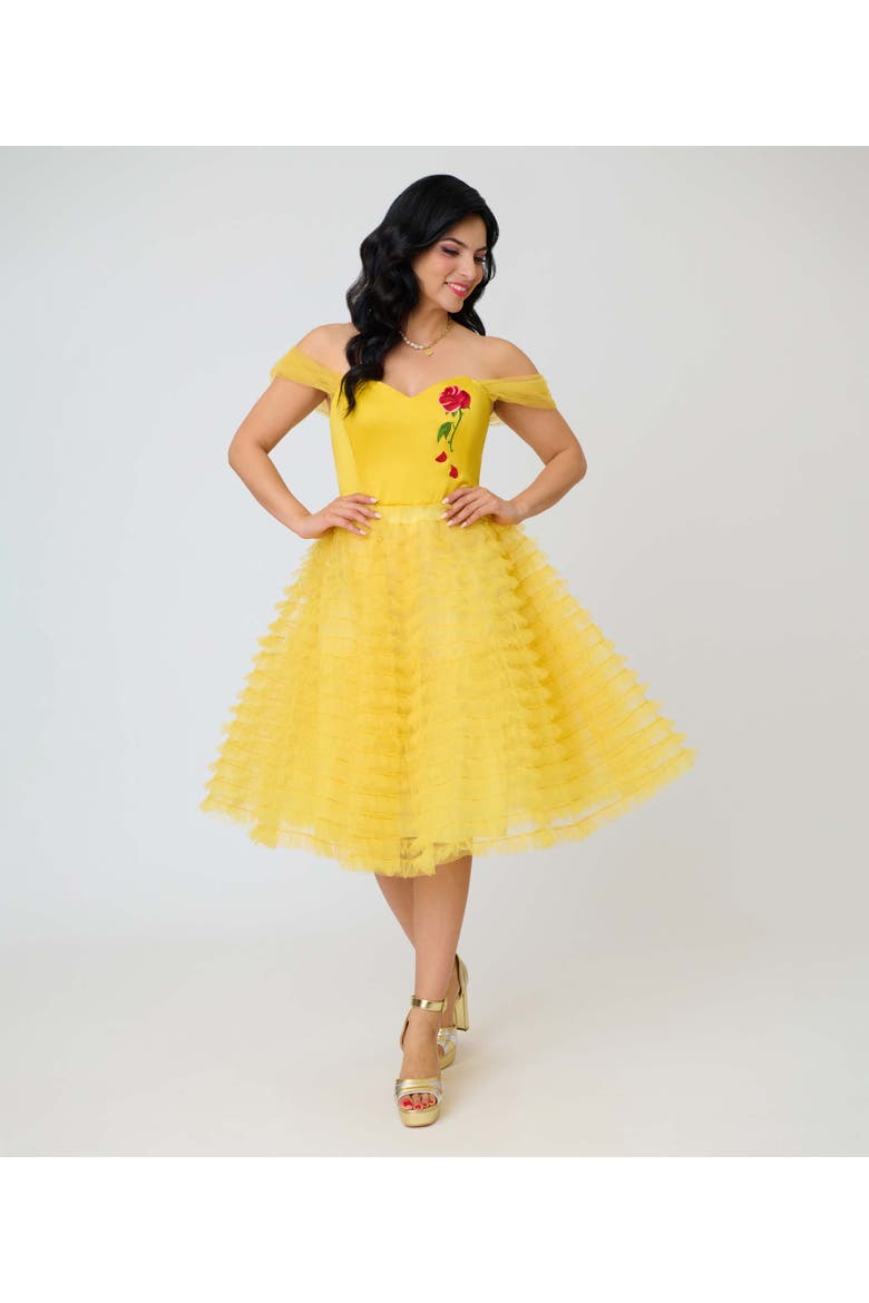 Tulle Off The Shoulder Swing Dress, Main, color, Yellow W/ Rose Embroidery