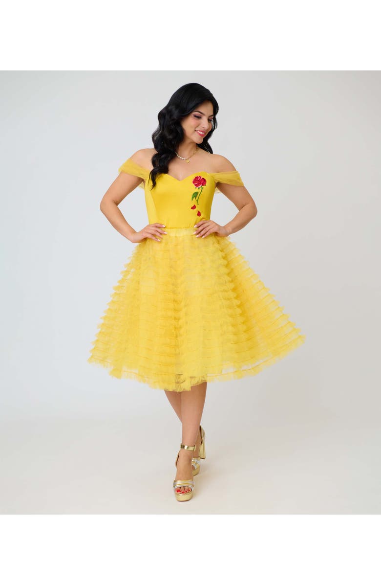Unique Vintage Tulle Off The Shoulder Swing Dress, Main, color, Yellow W/ Rose Embroidery