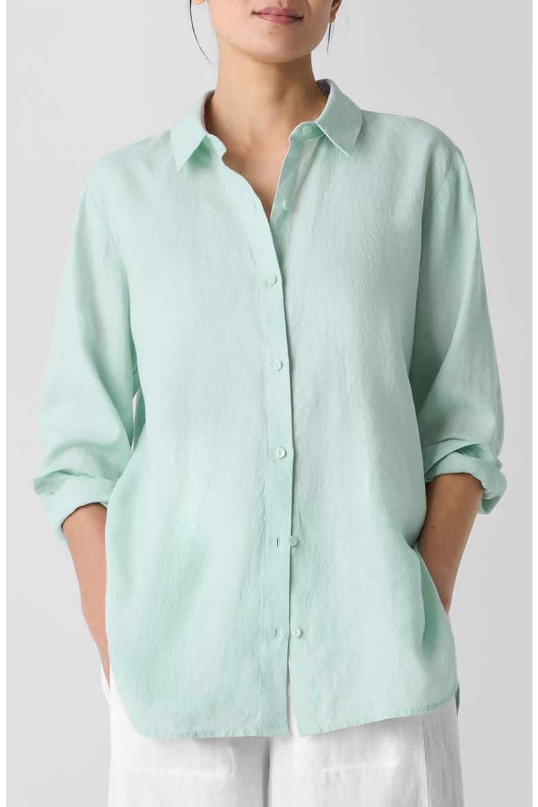 Classic Collar Organic Linen Long Button-Up Shirt, Main, color, ABSINTHE