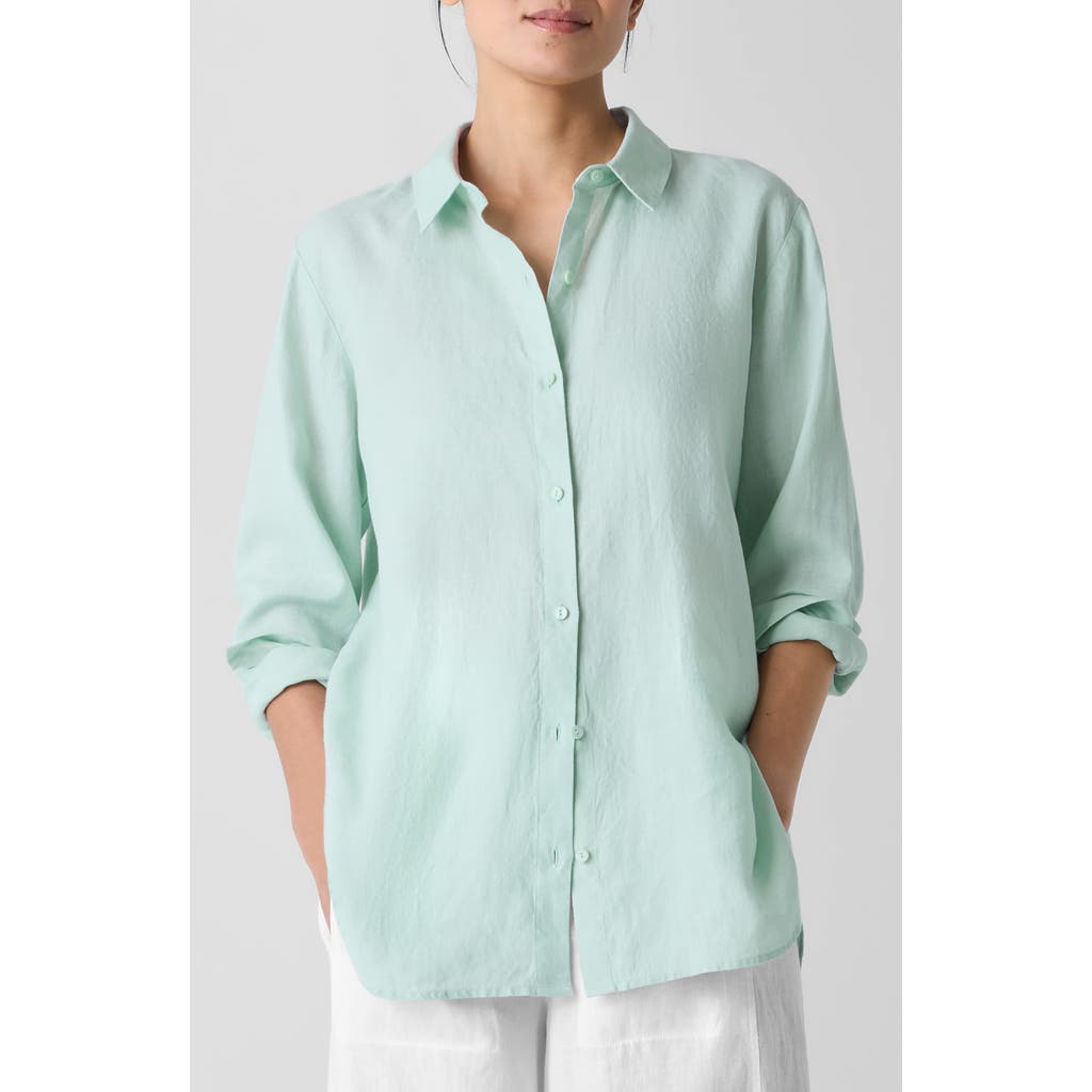 Eileen Fisher Classic Collar Organic Linen Long Button-up Shirt