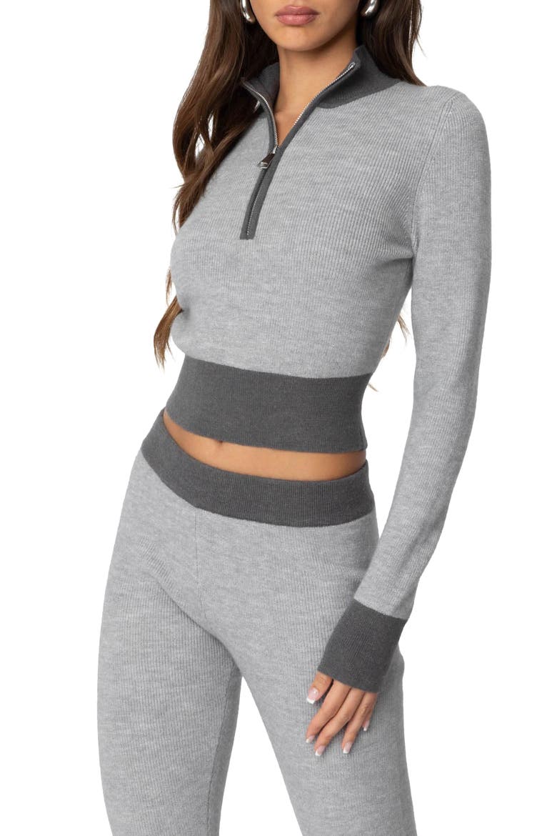 Lei Contrast Trim Half Zip Crop Top, Alternate, color, GRAY