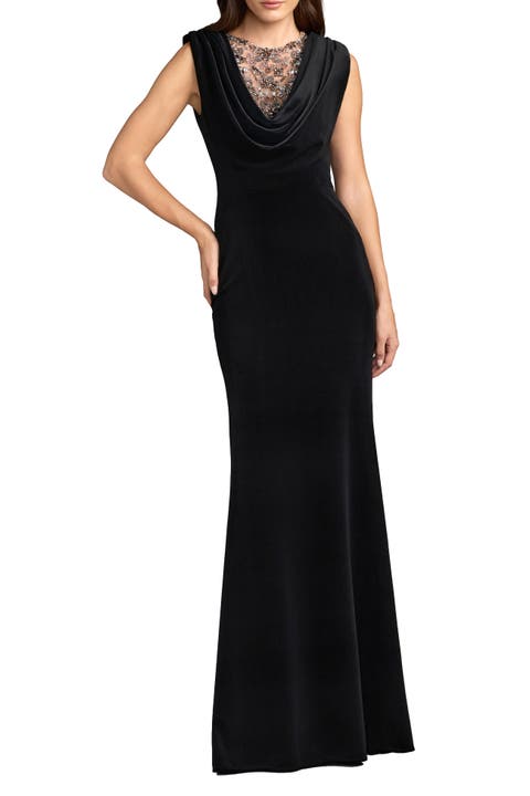Velvet Cowl Gown With Sheer Beaded Neckline