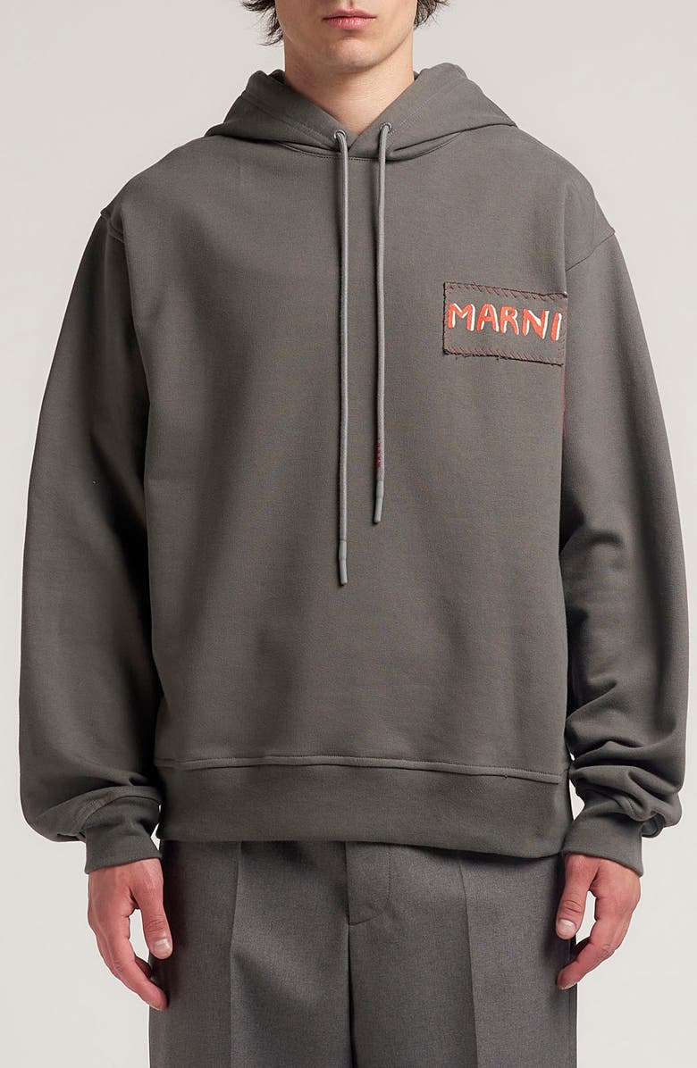 Marni Logo Patch Cotton French Terry Hoodie, Main, color, Grey