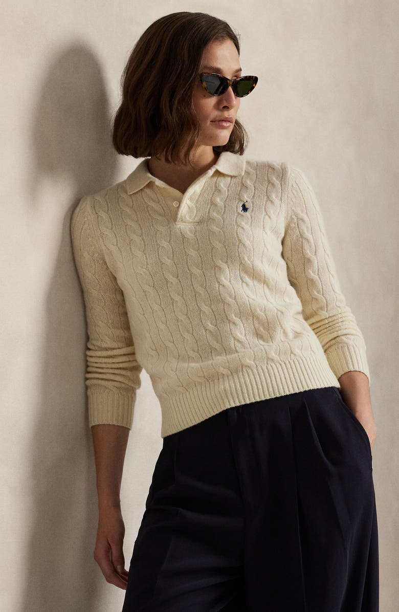 Polo Ralph Lauren Cable Stitch Wool & Cashmere Polo Sweater, Alternate, color, 