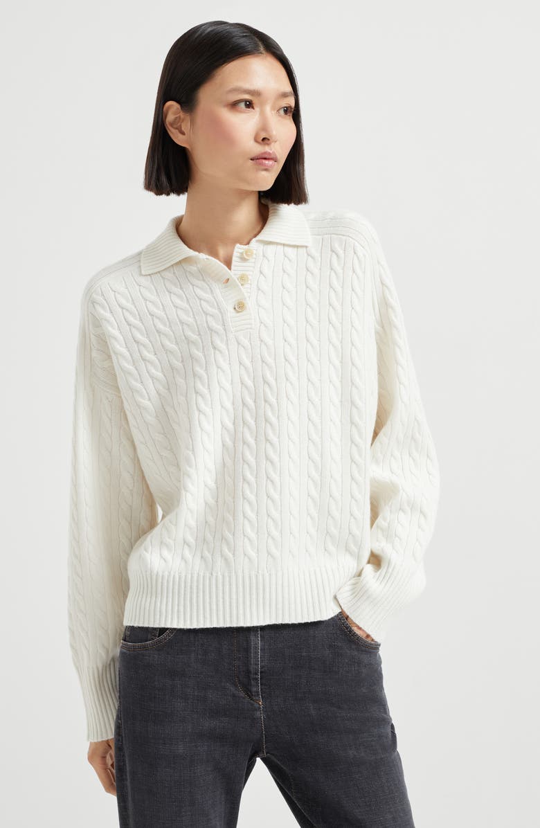 Brunello Cucinelli Polo-style sweater with monili, Alternate, color, Panama