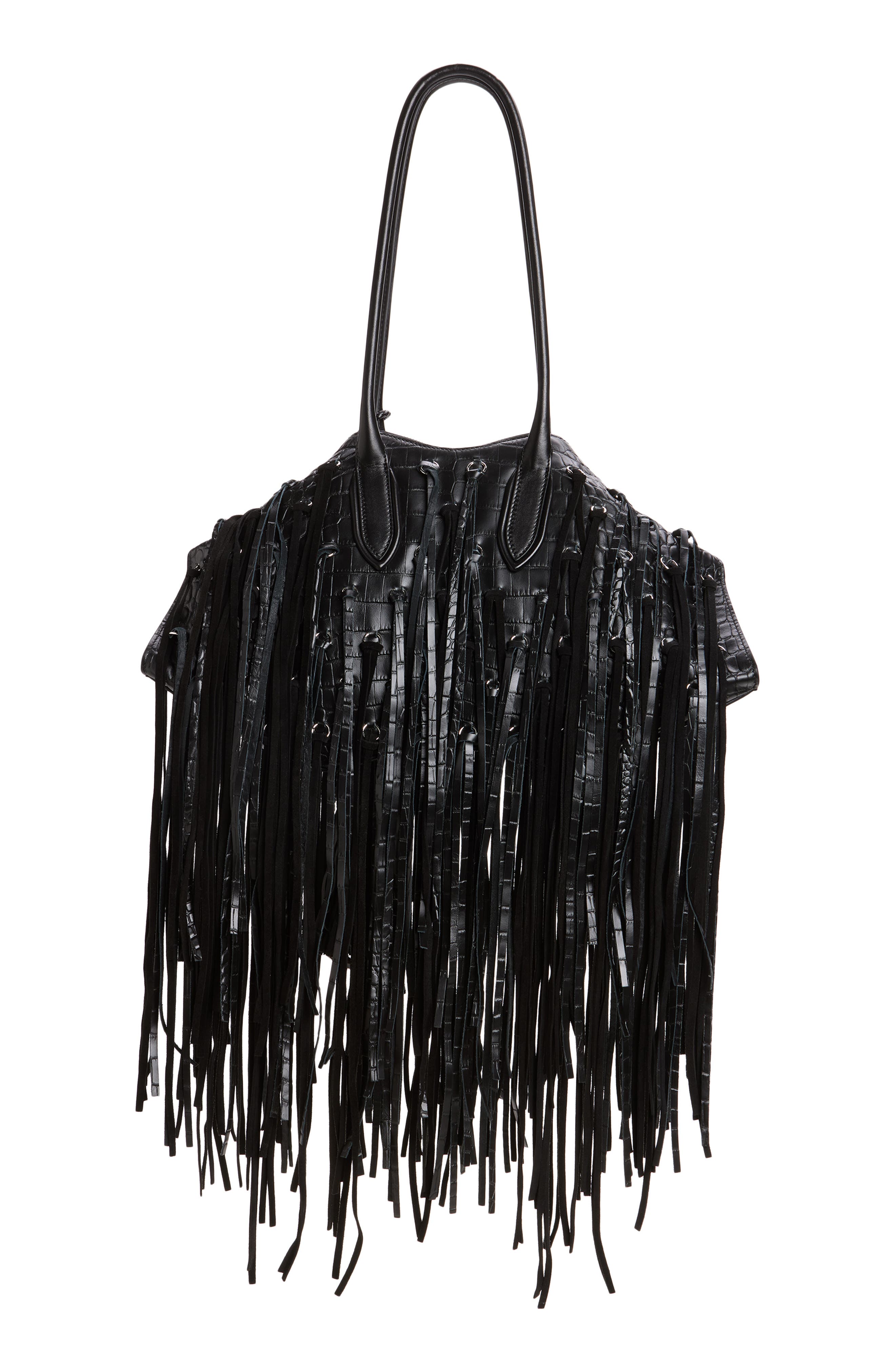 McQueen Manta Fringe Embellished Croc Embossed Leather Shoulder Bag, Alternate, color, Black/ Silver