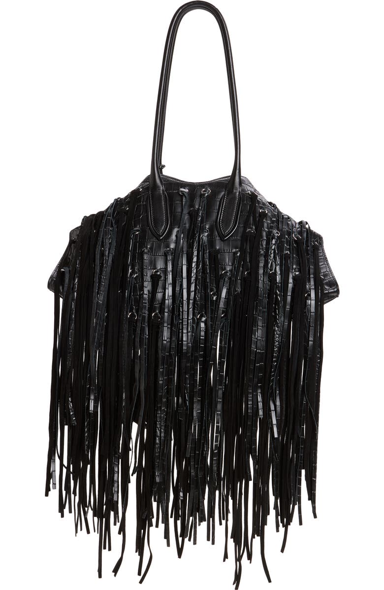 McQueen Manta Fringe Embellished Croc Embossed Leather Shoulder Bag, Alternate, color, Black/ Silver