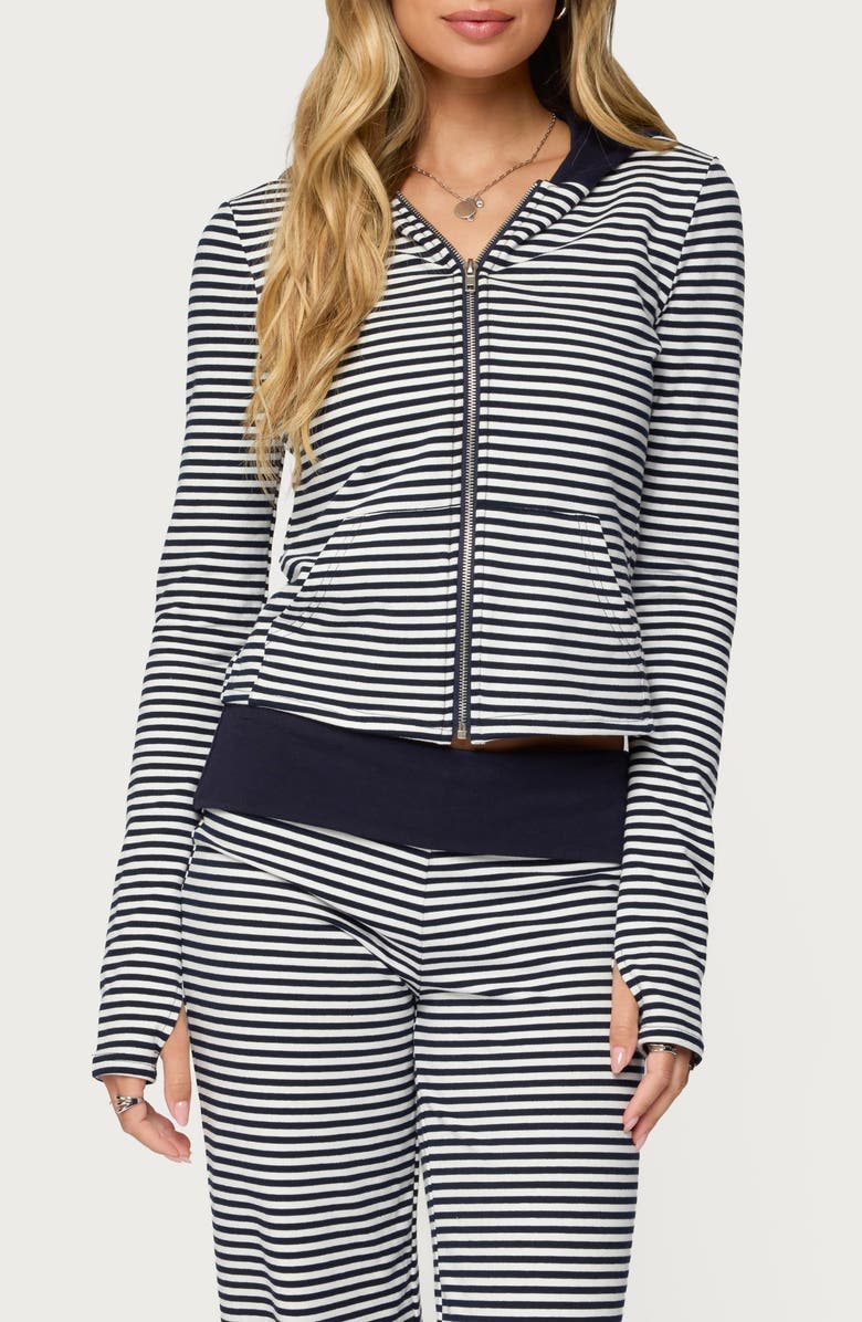 EDIKTED Meggy Colorblock Stripe Zip Hoodie, Main, color, Navy-And-White