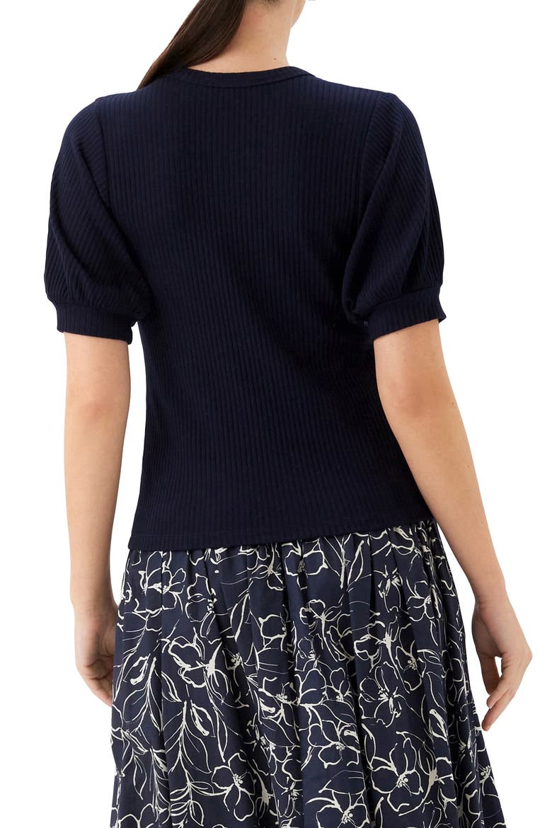 Puff Sleeve Rib V-Neck Top, Alternate, color, NAVY